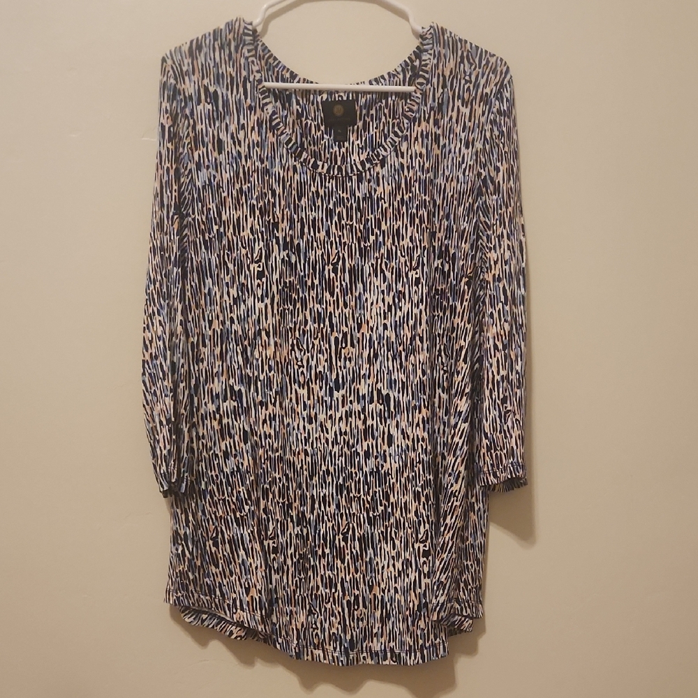 JM Collection Blue and Tan Patterned Blouse